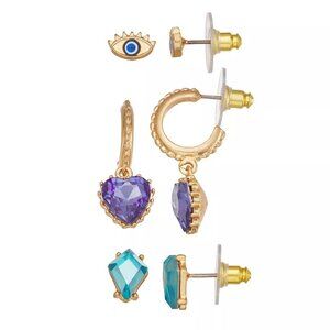 Simply Vera Vera Wang Gold Tone Heart Stud Earrings Trio Set Evil Eye Heart Blue